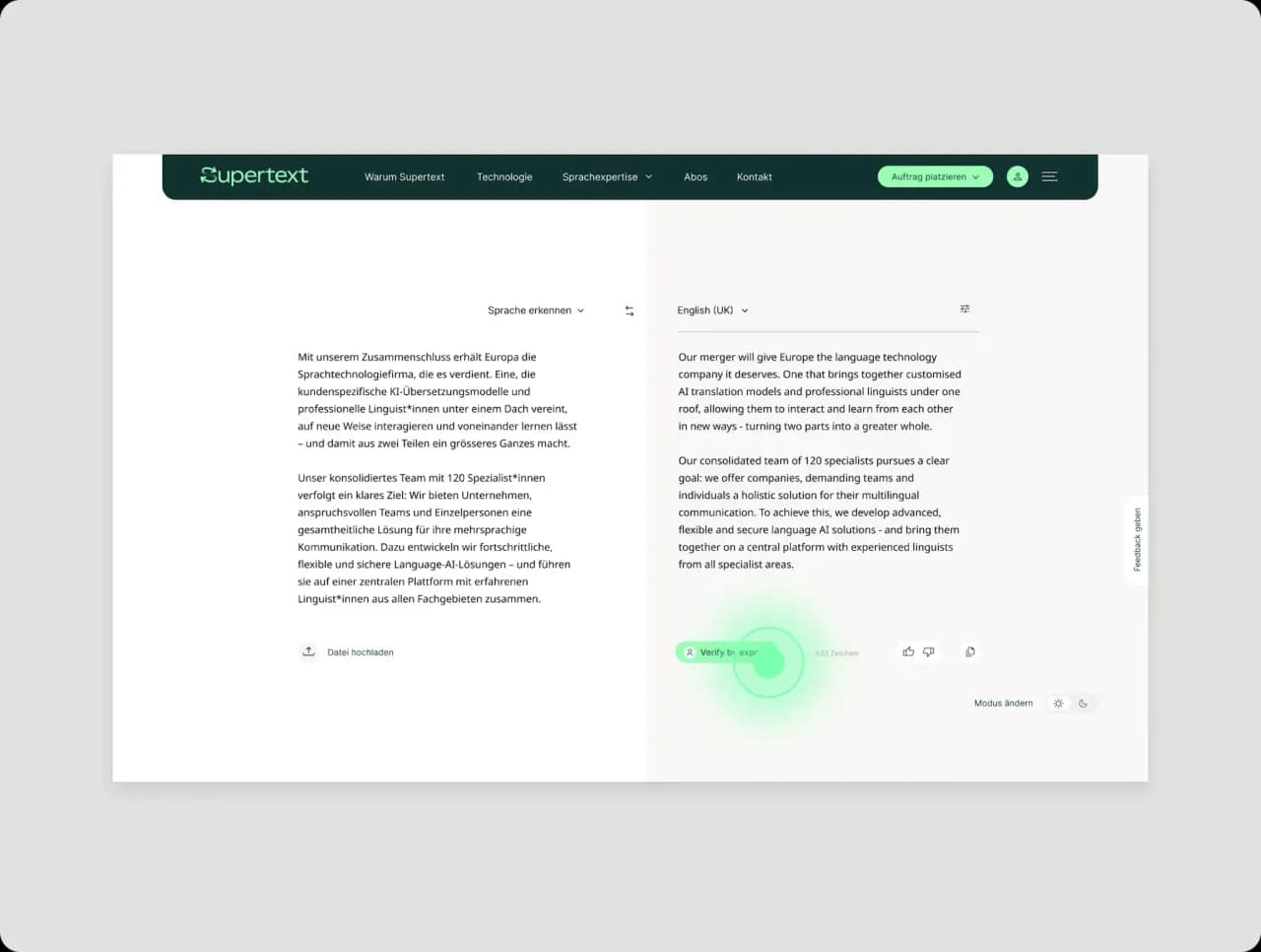Text auf supertext.com übersetzen und «Profi-Check starten» wählen